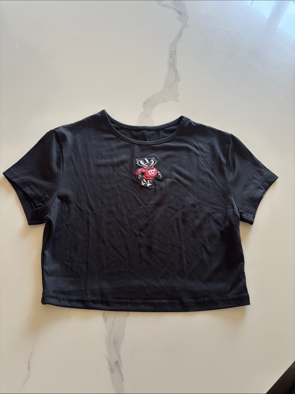 Wisconsin Badger Black Cropped Tee with Badger Mascot Patch